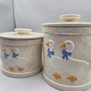 Set Vtg 3D Geese Goose Blue Bow Ceramic Canister Jars Rustic Farmhouse‎ Decor